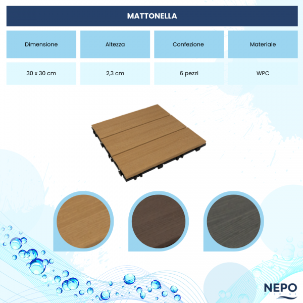 Mattonella da esterno 30 x 30 in wpc Confezione da 6 pezzi by Nepo