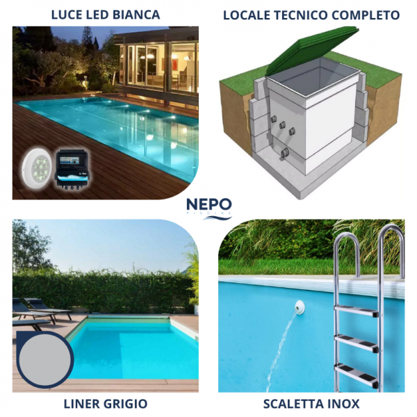 Kit led grigio locale Piscina Interrata Rettangolare in Casseri NEPOBLOCK 8x4mt