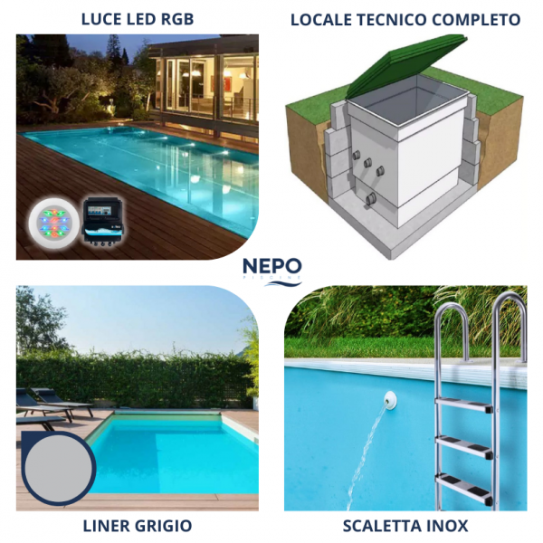 kit rgb grigio locale Piscina Interrata Rettangolare in Casseri NEPOBLOCK 10x5mt