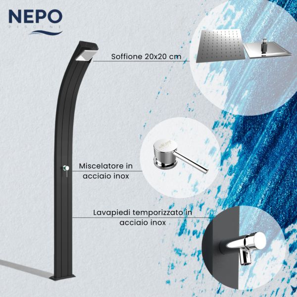 Doccia Solare da Giardino SPRING CURVA 30 LITRI in alluminio, con lavapiedi