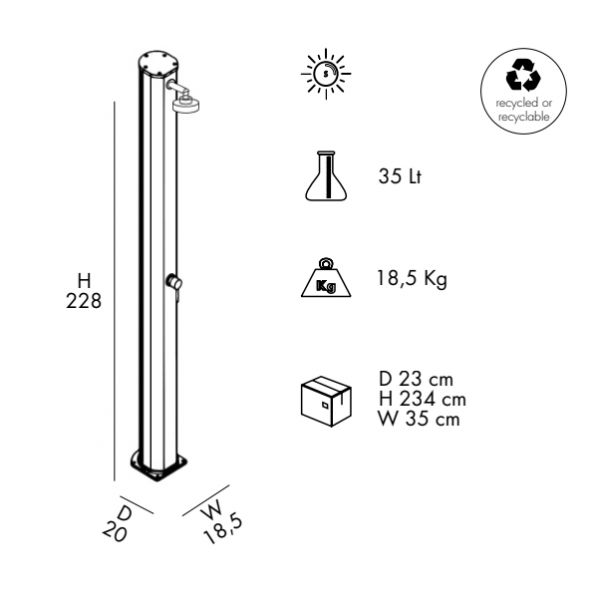 Doccia Solare da Giardino BIG JOLLY 40 LITRI in alluminio, con lavapiedi